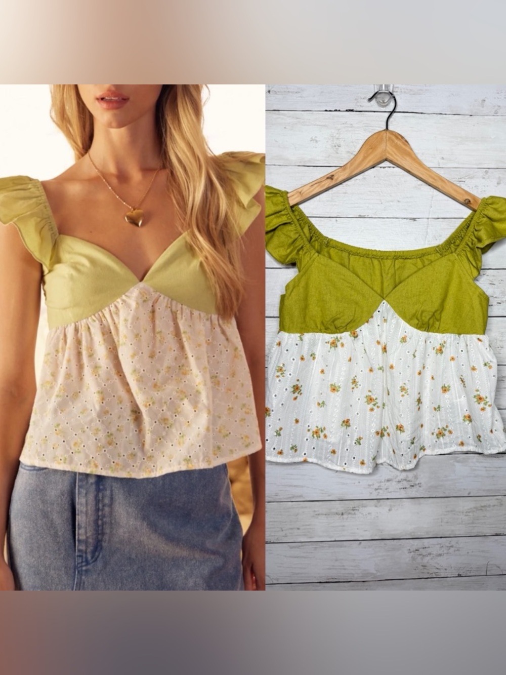 Poselle Lime Floral Contrast Smocked Eyelet Ruffle Sleeve Boho Top Medium
